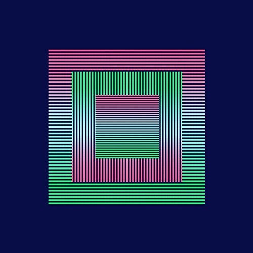 A square graphic with layered, striped patterns in pink, green, and blue on a dark blue background.