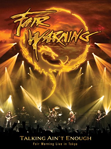 "Fair Warning band performing live on stage with spotlights and fiery dragon graphic."