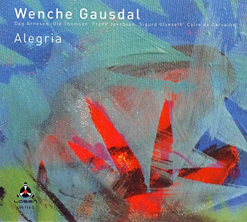 "Album cover with abstract blue, green, and red painting and white text."