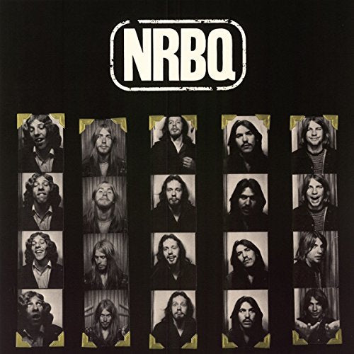 "Black album cover with 'NRBQ' in white and 16 black-and-white band member portraits."