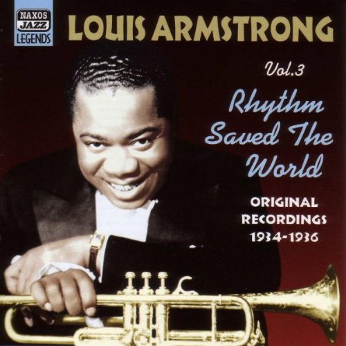 Louis Armstrong's album cover featuring a smiling man holding a trumpet, dark red background.