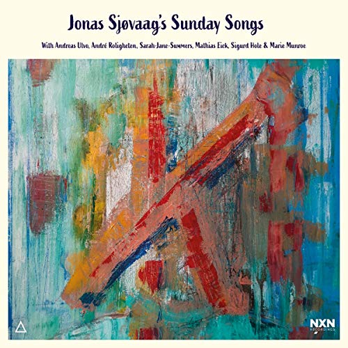 "Album cover with abstract painting and text 'Jonas Sjovaag's Sunday Songs' on beige background."