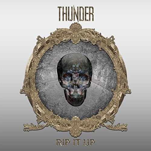 "Album cover featuring a skull in an ornate gold frame, with 'Thunder' and 'Rip It Up' text."