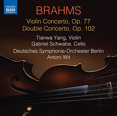 "CD cover featuring a violin with text listing Brahms' concertos and performers."