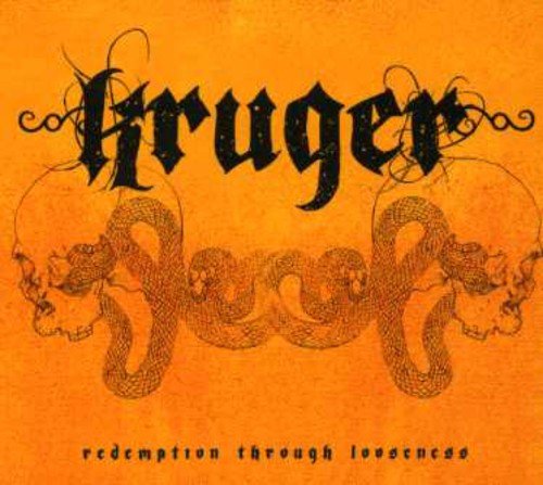 "Album cover with orange background, black skulls, and snake illustration, titled 'Kruger'."