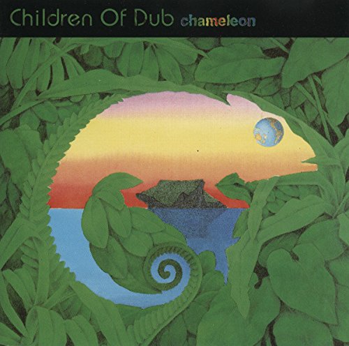 Album cover with a chameleon surrounded by leaves, featuring a colorful sunset and island scene.