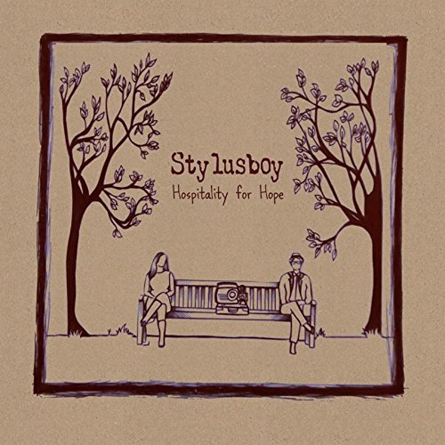 "Album cover art featuring a man and woman sitting on a bench between trees."