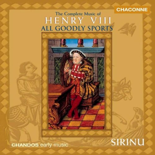 "CD cover featuring Henry VIII illustration, ornate borders, and title 'The Complete Music of Henry VIII'."