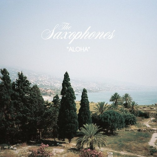 "Album cover with serene landscape, trees, and body of water, titled 'The Saxophonesthe - Aloha'."