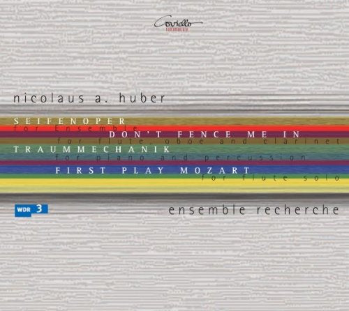 "CD cover with multicolored horizontal stripes and text on a gray background."