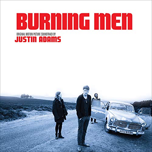 "Album cover with 'Burning Men' title, featuring a black and white roadside scene."