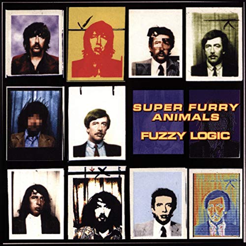"Album cover with 9 varied portraits and 'Super Furry Animals Fuzzy Logic' text."
