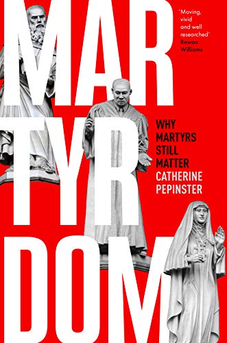 "Book cover with red background, white text 'Martyrdom', and black-and-white images of religious figures."