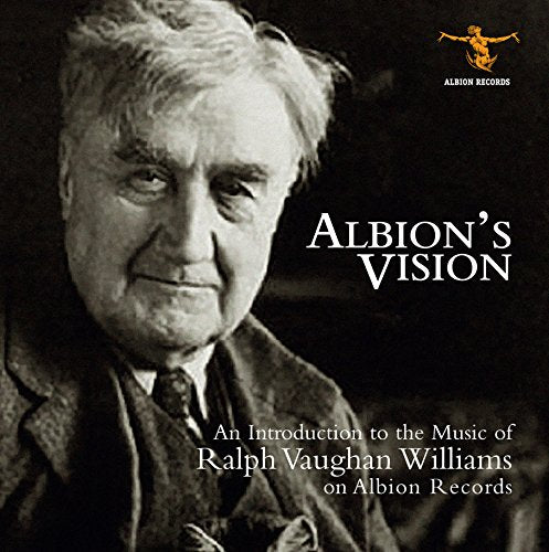 Black-and-white photo of Ralph Vaughan Williams on a CD cover with white text.