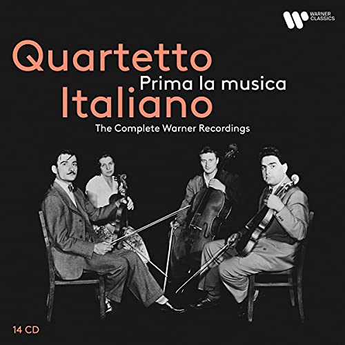 CD cover with black background, four men playing string instruments in black and white.