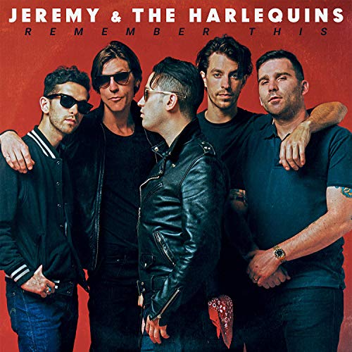 "Album cover featuring five men in dark clothing against a red background."