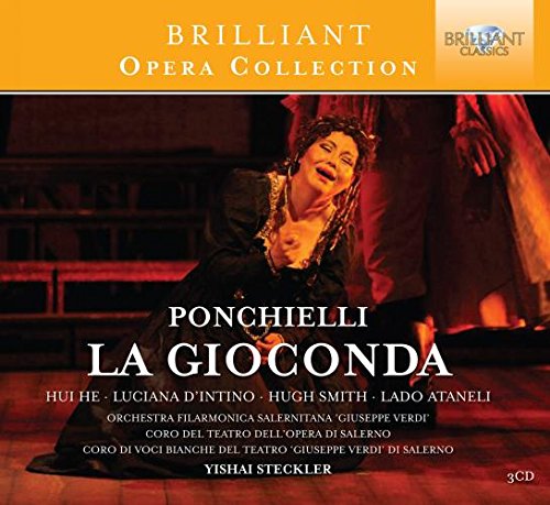 A woman kneels on stage, singing, on an opera album cover.