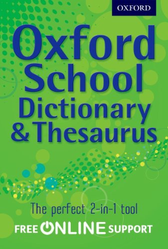 The image shows a green book cover with blue and white text. Alt text: Green book cover with "Oxford School Dictionary & Thesaurus" in large blue text.