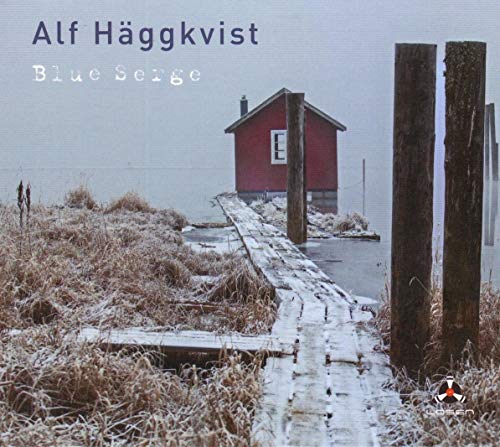 "CD cover featuring a red cabin on a snowy dock with wooden posts."