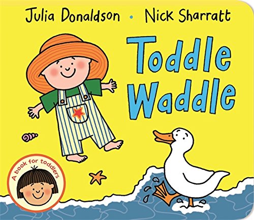 The image is a children's book cover featuring a cartoon child and a duck. Alt text: Yellow book cover with cartoon child and duck on a beach.