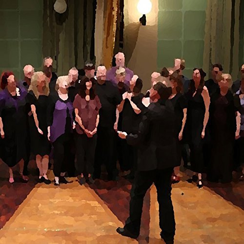 A choir in black attire stands on a stage, facing a conductor in black.
