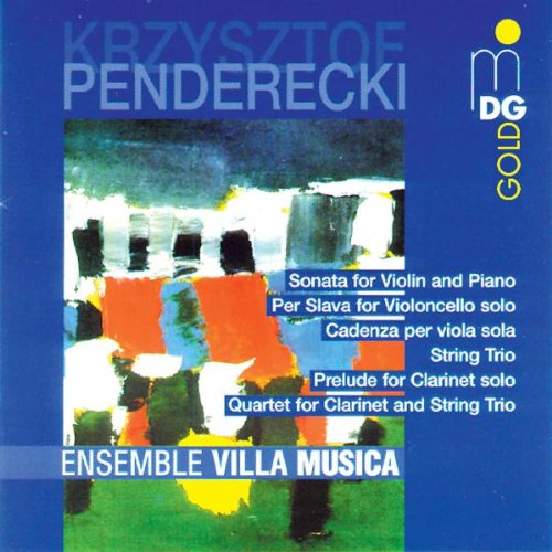 "Blue CD cover with abstract painting and white text listing musical compositions."