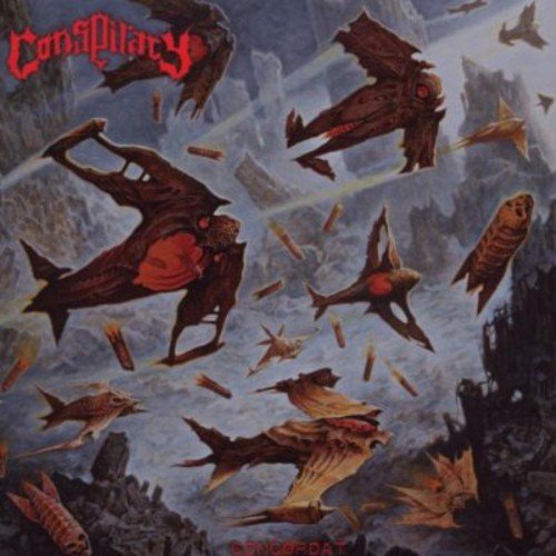 The image depicts a CD cover with dark, fantastical creatures and the band name "Conspiracy".