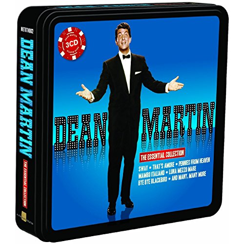 "Black tin box with Dean Martin in tuxedo on blue background, 3CD label."