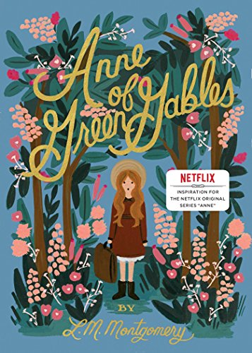 "Book cover featuring a girl with a suitcase standing among blooming trees and flowers."