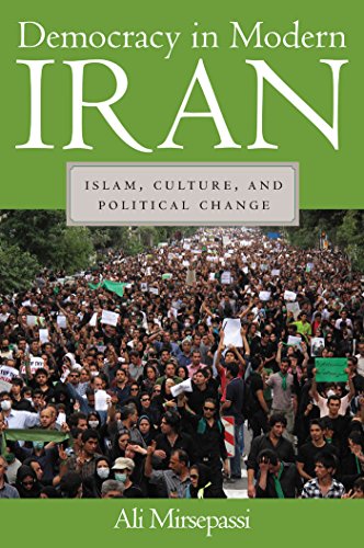 Book cover with green background, titled "Democracy in Modern Iran" and a protest image.