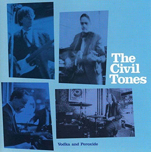 "Blue-toned album cover with four photos of musicians and the band's name."
