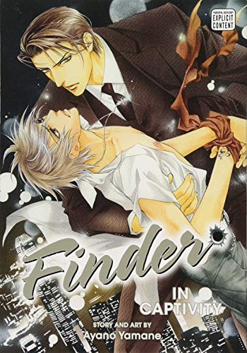 Manga cover featuring a man holding a bound, injured man against a cityscape background.
