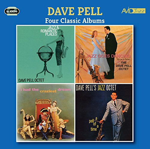 "Blue album cover featuring four jazz album art collages with various images and titles."