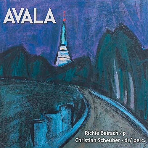 "Album cover with abstract, blue-toned painting of a winding road and tower."
