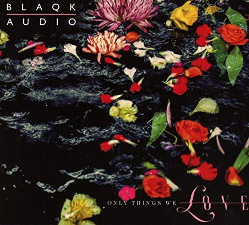 Album cover with colorful flowers floating on dark water, text "BLAQK AUDIO" and "Only Things We Love".