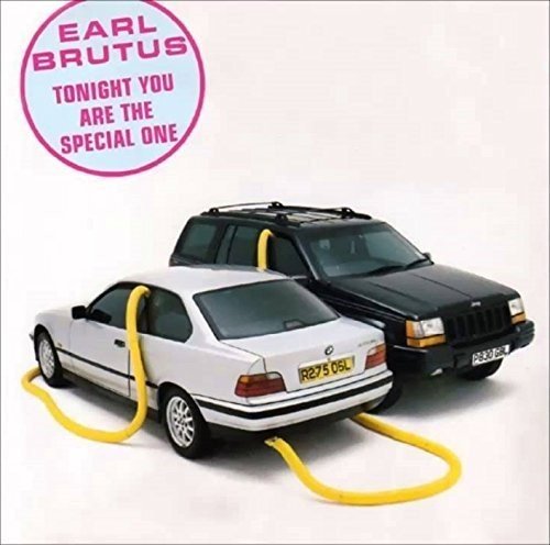 "Album cover with two toy cars connected by yellow hoses, white background."