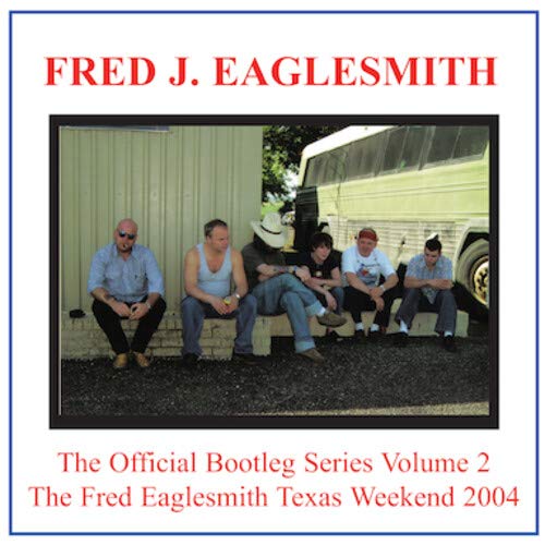 Album cover with five men sitting by a tour bus, on white background.