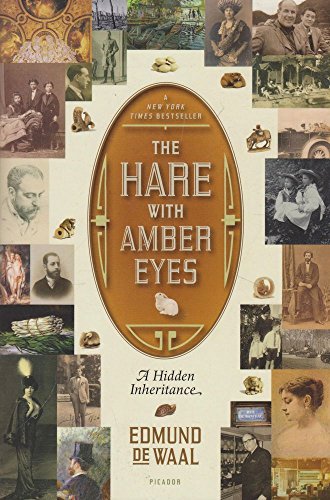Book cover with white rabbit on wooden floor, title "The Hare With Amber Eyes" displayed.