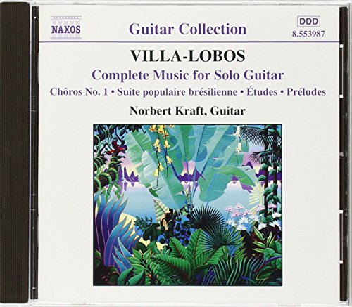 CD cover with tropical foliage illustration, titled "VILLA-LOBOS: Complete Music for Solo Guitar".