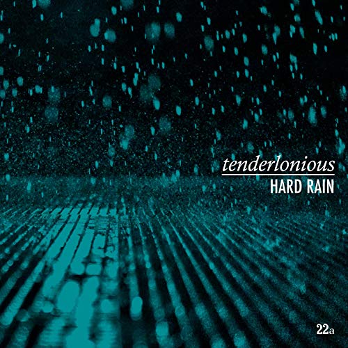 "Album cover with blue rain on a wooden surface, titled 'tenderlonious' and 'HARD RAIN'."