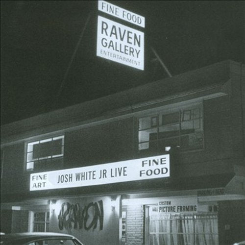 "Black and white image of a building with 'Raven Gallery' and 'Josh White Jr Live' signs."