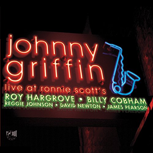 "Album cover with neon sign featuring saxophone and musician names against a dark background."