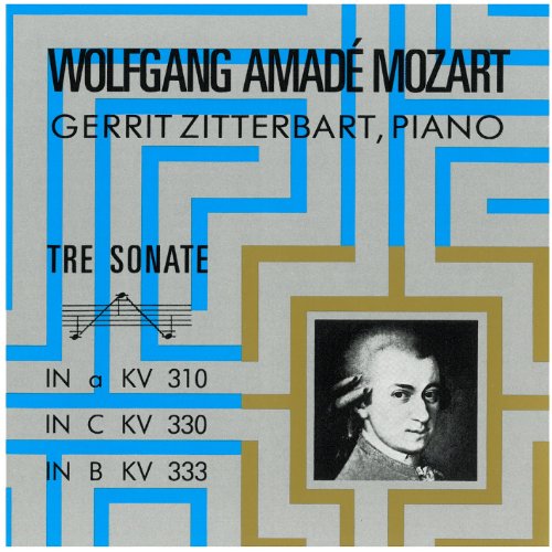 CD cover with Mozart portrait and blue and gold geometric design.