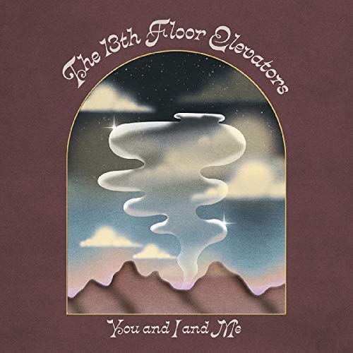 Brown album cover with arched illustration of surreal landscape and cloudy sky.