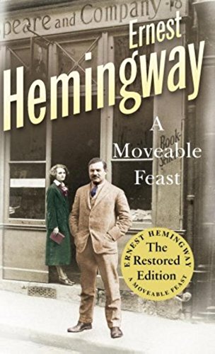 Book cover of "A Moveable Feast" by Ernest Hemingway, featuring sepia-toned image of couple.