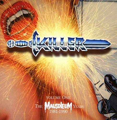 "CD boxset cover with 'Killer' logo and 'Mausoleum Years 1981-1990' text, surrounded by sparks."