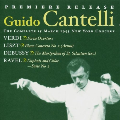 "CD cover with conductor Guido Cantelli, green background, and yellow and white text."
