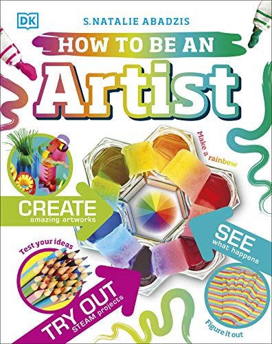 "Book cover with title 'How to be an Artist', colorful graphics, and art supplies illustrations."