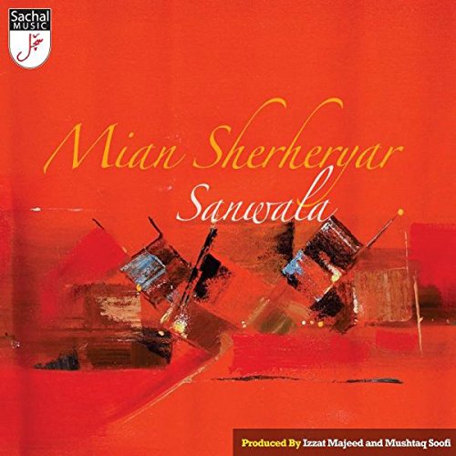 "Red album cover with abstract drums and text 'Mian Sherheryar Sanwala'."