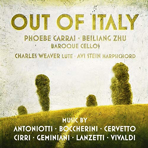 "CD cover with 'Out of Italy' title, featuring a serene landscape with topiary trees."